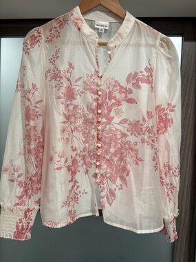 Bailey 44 Sheer White Blouse with Pink Floral Print